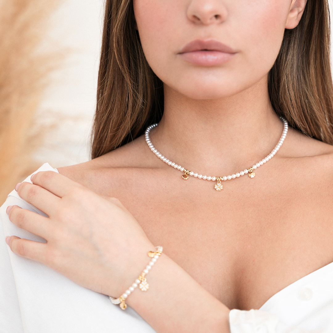 Set perla collana e bracciale quadrifoglio